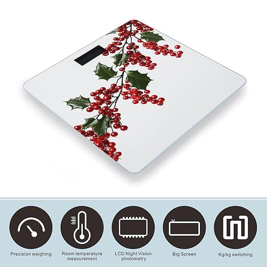 Holly Berry Branches Scale for Body Weight High Precision Digital Weight Scales with LCD Display Anti-Slip Sturdy Slim Tempered Glass Bathroom Scale for Home Use