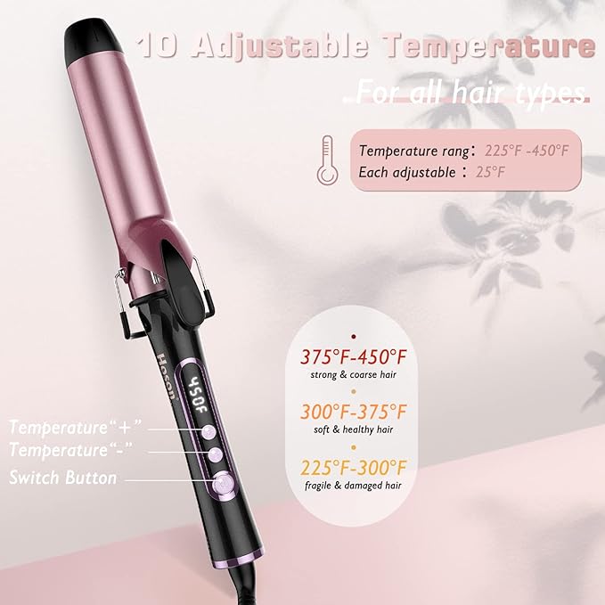 1 1/2 inch Curling Iron Dual Voltage Large Hair Curling Iron Heat up to 450°F Professiona Curling Wand Ceramic Tourmaline(Rose Gold)