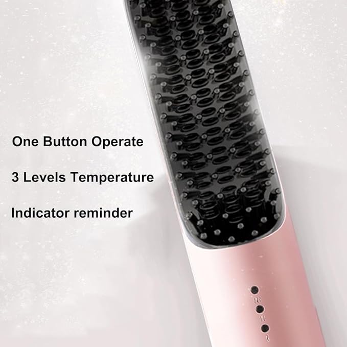 Cordless Hair Straightening Brush with 3 Levels Temperature Auto-Off Anti-Scald Hot Travel Heated Comb USB C Type C Portable Hair Straightener - Pink