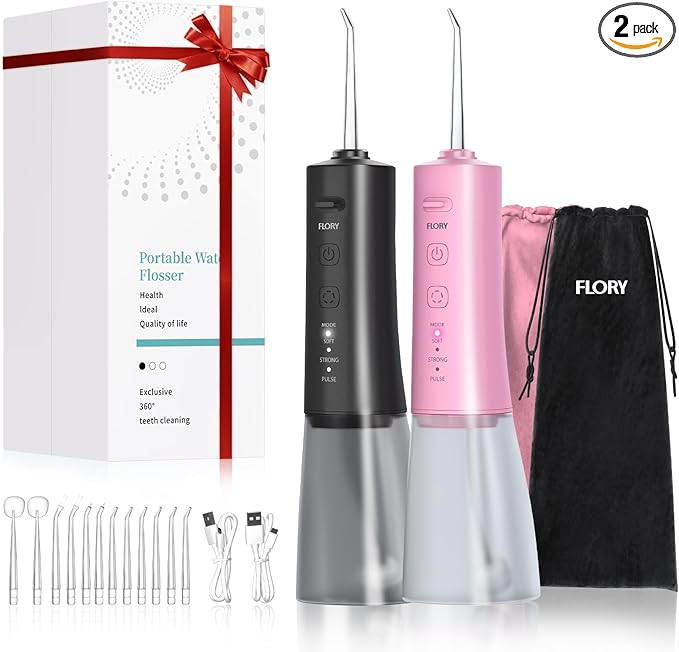 2 Pack Water Flosser for Teeth Portable Cordless Water Dental for Couples Travel Water Flossers with 3 Modes and 12 Tips Rechargeable &amp IPX7 Waterproof Travel Portable Dental Cleaner (Black&am