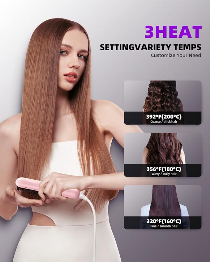 Hair Straightener Brush Portable Ionic Hair Straighteners for Women Straightening Brush with 3 Temp Settings 30 Min Auto Shut-Off Dual Voltage Hot Comb for Frizz-Free Styles