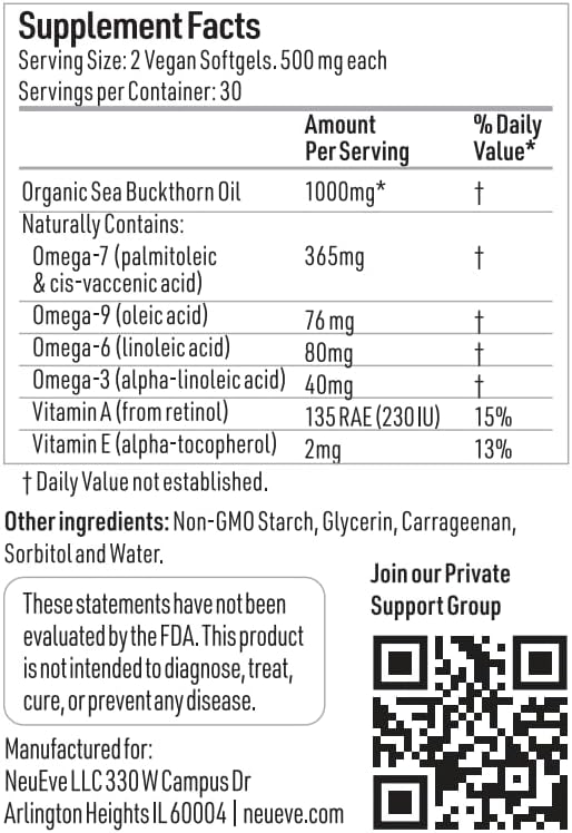 NeuEve Feminine Moisture Support Supplements with Sea Buckthorn Oil Omega-7 for Vaginal Dryness pH Balance &amp Moisture | 60 Vegan Softgels | 1-Month Supply