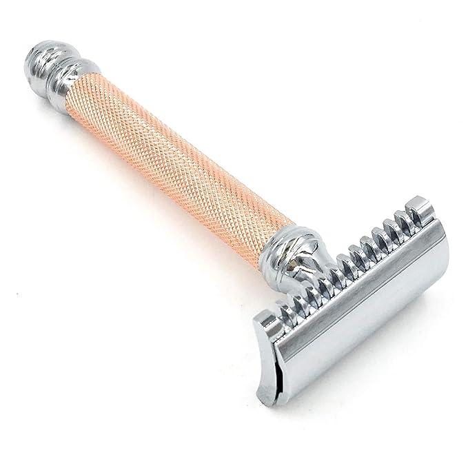 Parker Open Comb Double Edge Safety Razor – Heavyweight Chrome Handle for Closer Shaves – Includes 5 Razor Blades – Ideal for Men or Women (Rose Gold)