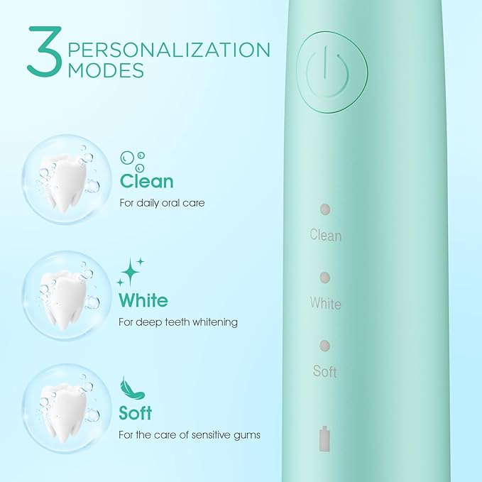 VOYOR-HEALTH Sonic Electric Toothbrush for AdultsTooth Brushes with 6 Brush Heads70-Day Battery LifeIPX7 Waterproof Rechargeable Travel Toothbrushes with 3 Modes for Family Use ET110（Green）
