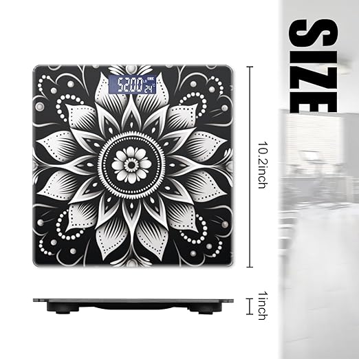 Digital Scale for Body Weight Highly Precision Bathroom Weight Scale 400 lbs with Backlit Display Personalized Scale for Home-Black and White Mandala with Intricate Floral Design