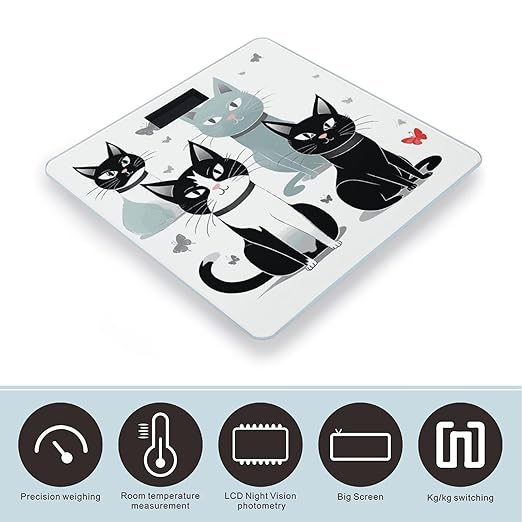 Black and White Cats Weight Scale Digital Electronic Scales Bathroom Scale Larg LCD Backlight Display High Precisio MeasurementsTempered Glass