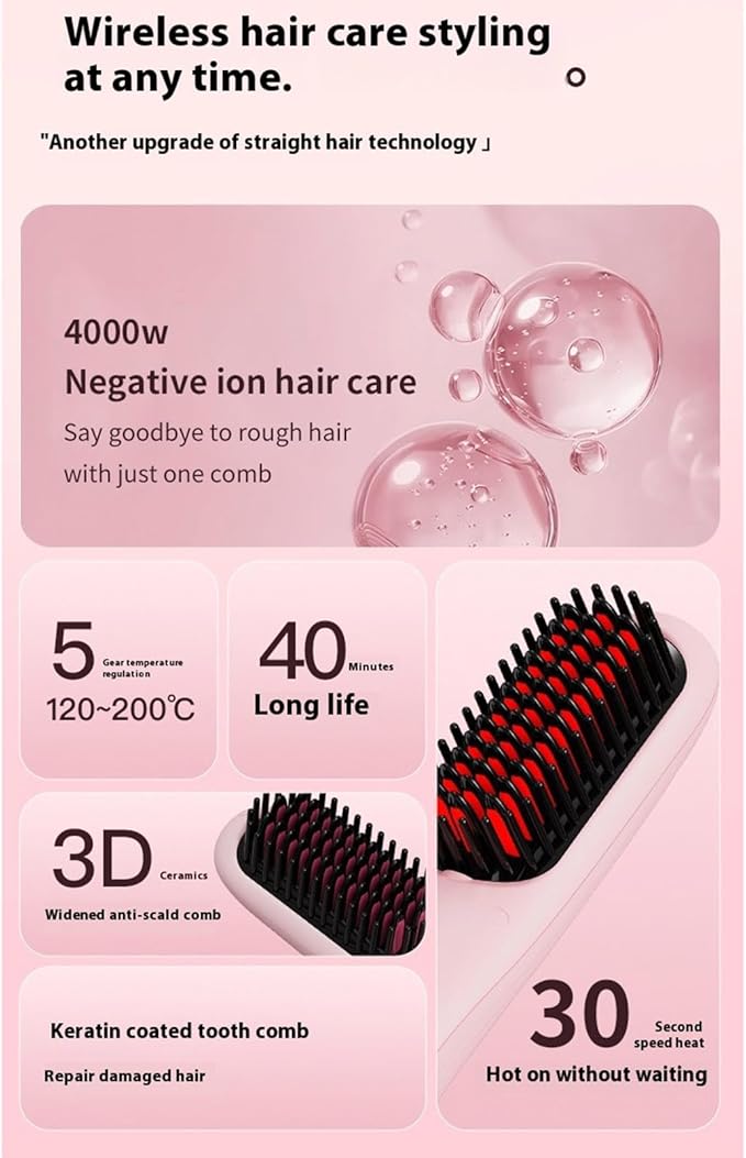 Cordless Hair Straightener Brush Portable Hair Straightening Brush with 5 Temperature Settings LED Display (01)