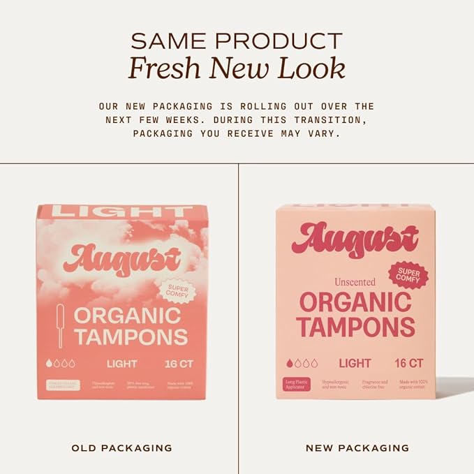 August Organic Cotton Tampons 96 Light Tampons Made with Organic Cotton Long Applicators Non-Toxic Fragrance-Free Chlorine-Free and Hypoallergenic (6 Boxes of 16/12 Boxes of 8)