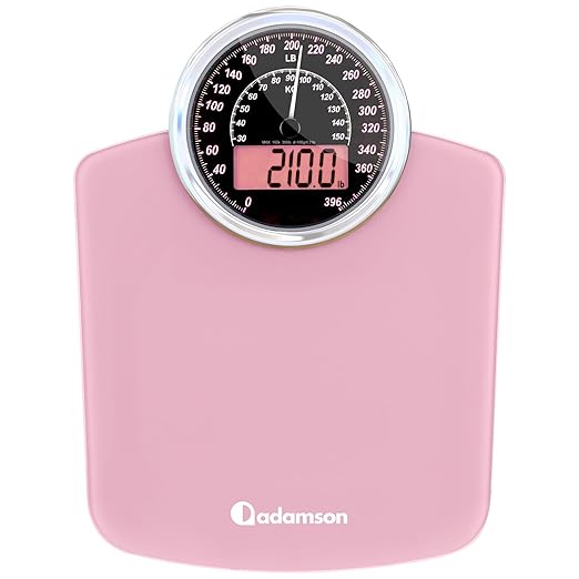 Adamson Hybrid 2-in-1 Analog &amp Digital Weighing Scale for Body Weight up to 400lbs - Thick Tempered Glass - Extra Large Display - Easy to Read Digital Bathroom Scale - New - Pink