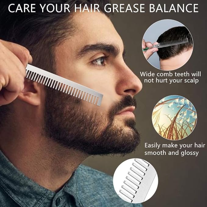 2 Piece Beard Comb Beard Comb for MenFolding Mustache Combs for Men Stainless Steel and Wood Grain Travel Metal Beard CombsBeard Beauty Tool