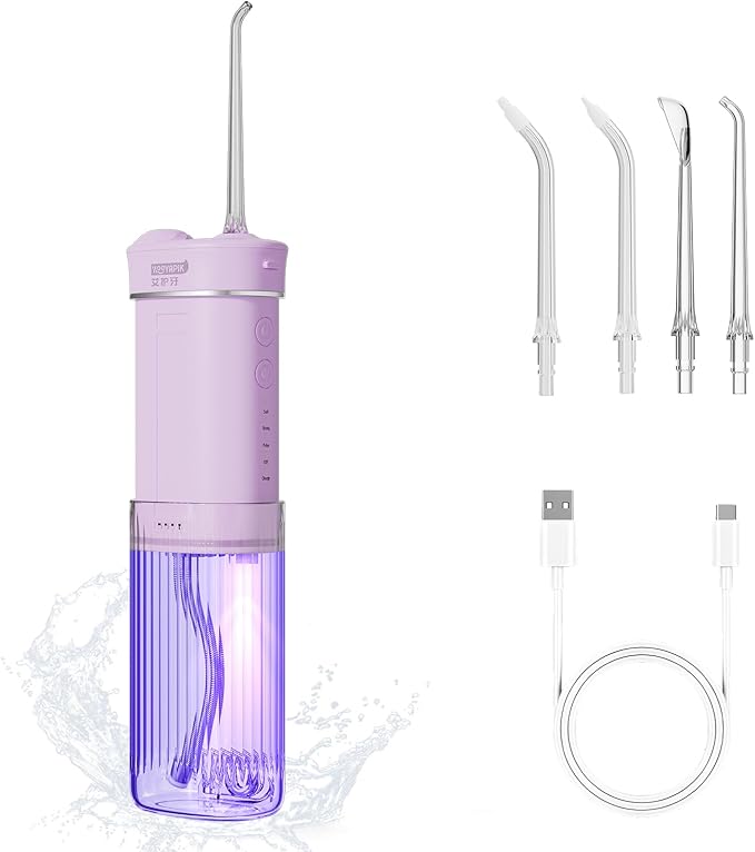 Portable Water Flosser Cordless for Travel-Rechargeable Power Dental Flossers for Braces＆Stonsil Stones-Mini Tooth Cleaner with UVC SterilizationIPX7 Waterproof (D0040-Pink)