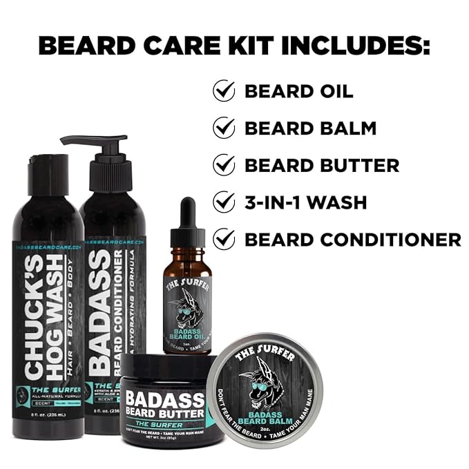 Badass Beard Care Complete Beard Care Kit - 5 Full Size Essentials - Includes Beard Oil Beard Balm Beard Butter Wash and Conditioner - Promotes Fuller &amp Thicker Beard Growth (The Surfer)