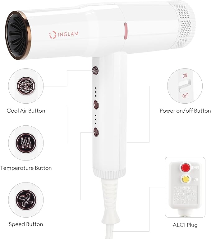 Hair Dryer IG INGLAM Professional 110000 RPM High Speed Blow Dryer Negative Ion Low Noise 3 Heat Settings &amp 3 Speed &amp Cold Settings Lightweight for Travel Home Salon Ionic Hair Dryer