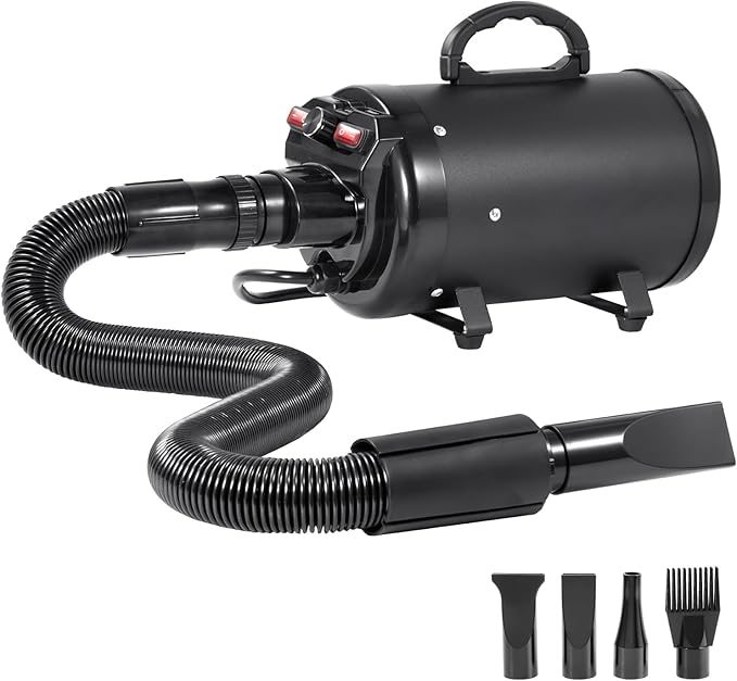 Happybuy Dog Dryer: A 2000W/2.7HP Powerhouse for Pet Grooming. Featuring Adjustable Speed and Temperature Control Along with 4 Nozzles and an Extendable Hose