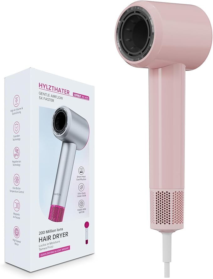 Ionic Hair Dryer 110000 RPM High-Speed BLDC Motor Fast Drying Blow Dryer with Negative Ion Technology 8 Heat &amp Speed Modes for Curly Thick &amp Fine Hair Low Noise Lightweight Baby Pink