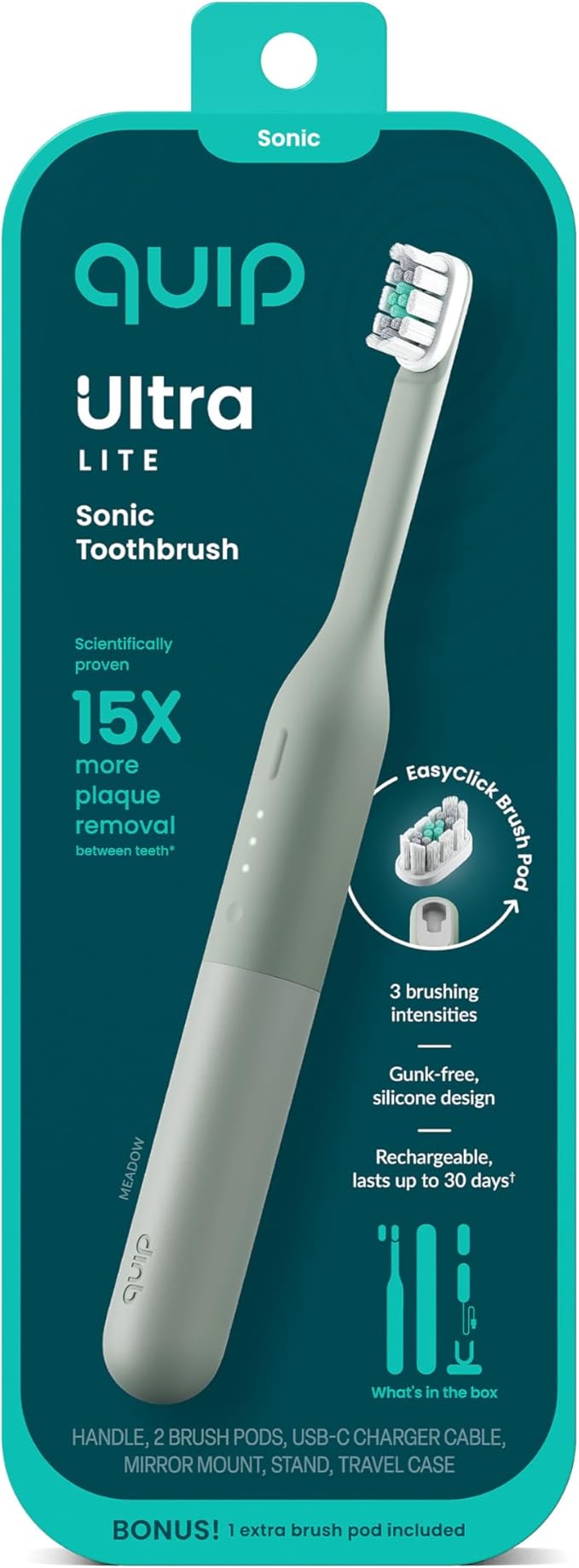 Quip Ultra Lite Sonic Electric Toothbrush Slim Lightweight Design 3 Brushing Modes 15X More Plaque Removal Pressure Sensor &amp 30-Day Battery Meadow