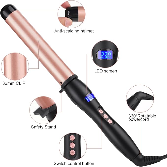 Hair Curling Wand 32mm Curling Iron Professional Ceramic Hair Curler Wand Big Curls Adjustable Digital Temperature Dual Voltage Auto Shut-Off (no Fixing Clip)