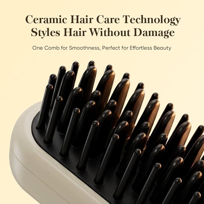 Cordless Hair Straightener Brush 2 in 1 Curl &amp Straighten Styling Tool USB-C Rechargeable Ceramic Heated Brush with 4 Heat Settings Portable Travel Hair Tool for Short &amp Long Hair (Beige)