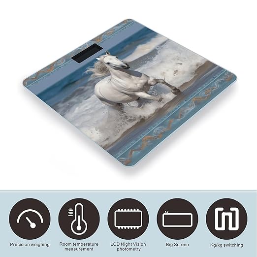 White Horse Running on The Sea Bathroom Scale Large LCD Backlight Display Digital Scale Rounded Corners Body Scales Automatic Power On/Off Bathroom Scales for Home Bedrooms