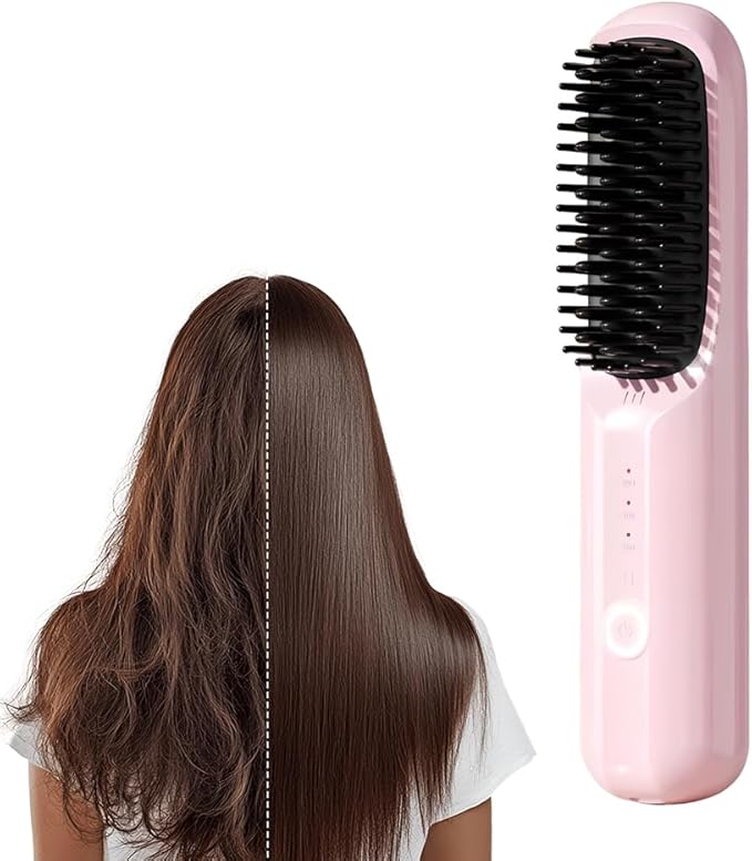 Cordless Hair Straightener Brush 2025 New Portable Hair Straightener Fast Heating MCH Ceramic Brush for Smooth Frizz-Free Hair USB Rechargeable for Short Long Hair Travel Vacation Home Use (Pink)