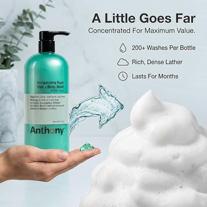 Anthony Mens Body Wash and Shampoo: Invigorating Rush 2-In-1 Liquid Gel Soap &amp Hair Shampoo Pine Wood Scent Hydrating with Eucalyptus Canadian Balsam Birch Leaf Charcoal Sea Kelp 32 Fl. Oz