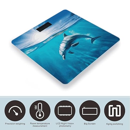 Swimming Dolphin in Blue Sea Weight Scale Digital Electronic Scales Bathroom Scale Larg LCD Backlight Display High Precision MeasurementsTempered Glass