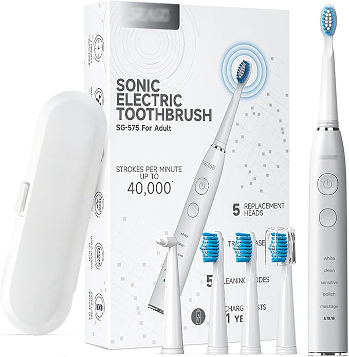 YUHANG Sonic Electric Toothbrush5 Modes400-Day Battery Life2-Minute Timer30s ReminderErgonomic Comfort Grip40000 Vibrations/minIPX7-4 Brush Heads - Travel Box (White)