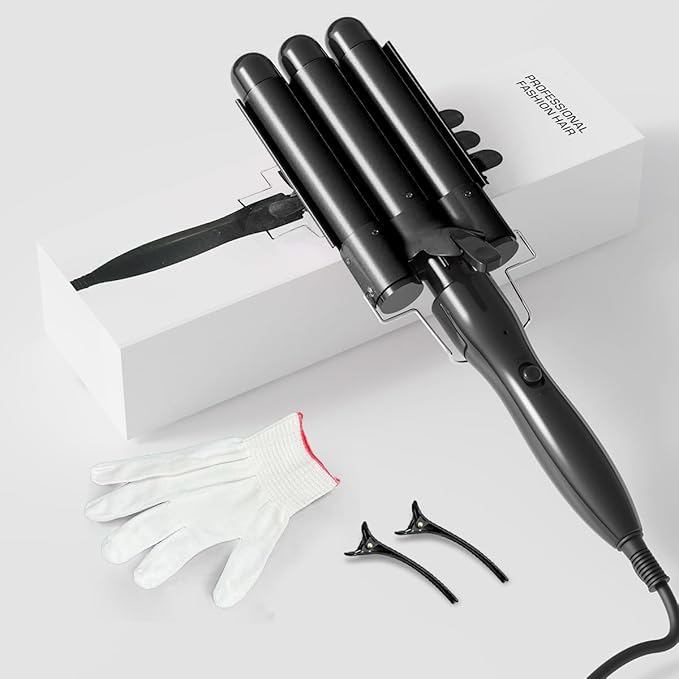 3 Barrel Curling Iron 1 Inch 2 Temp Settings (356°F/410°F) Hair Waver for Women Fast Heating 60s Ceramic Coating &amp Negative Ions for Frizz-Free Shiny Beach Waves Black