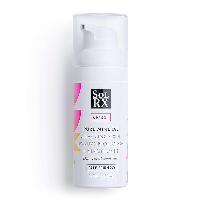 SolRX Pure Mineral SPF 50+ Face Sunscreen - 1.7oz Zinc Oxide Sunscreen with Niacinamide Daily Facial Sunscreen Reef Safe Sunscreen