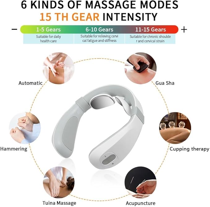 Neck Massager with HeatElectric TENS Machine for Pain Relief15 Levels Deep Tissue Massage Portable Wireless and Soothing Transcutaneous Electrical Nerve Stimulator for Women