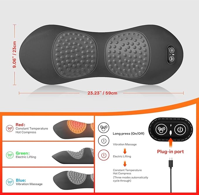 OUTMX 3-in-1 Electric Lumbar Support Pillow for Bed &amp Chair Heated Vibration &amp Traction Back Massager for Lower Back Pain Relief Adjustable Deep Tissue Spine Support Home &amp Office Use(S
