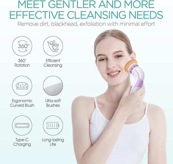 Facial Cleansing Brush-Spin Face Scrubber Exfoliator Rechargeable 2-Speed Rotation Electric Face Wash Brushes for Cleansing and Exfoliating with 2 Brush Heads Purple
