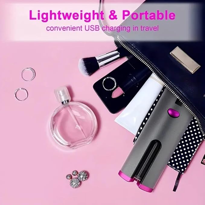 Wireless Portable Curling Iron Automatically Turns Off in Ten Minutes 6-Speed Temperature Adjustment LED Screen Suitable for Long and Short Hair (Pink)