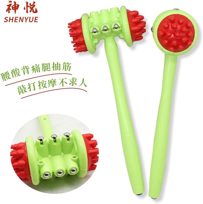 绿色双面大头刺头锤带按摩棒 Leg Arms Back Calves Roller Massage Roller Stick 全身按摩锤 Manual Body Massage Hammer HomeOffice Body Electric Massagers
