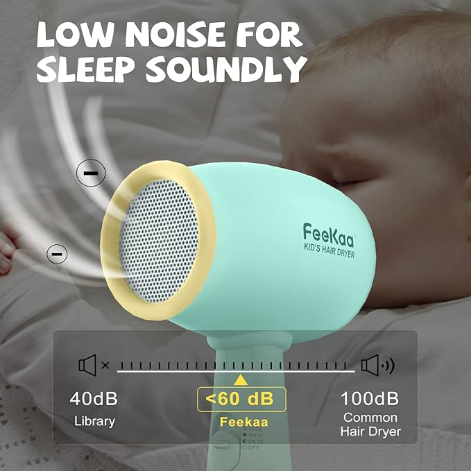 Feekaa Kids Hair Dryer Low Noise Gentle Heat for Kids Skin Gift for Children's Birthday Christmas Yellow-Green