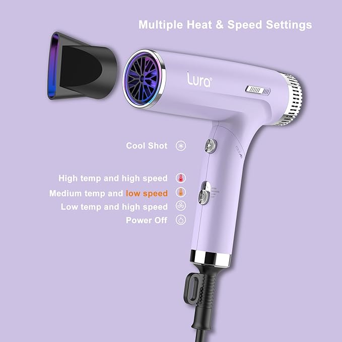 LURA Auto Dual Voltage Hair Dryer for International TravelTravel HairDryers with DifffuserSmall Portable Blow Dryer for Women LightweightCompact Mini Blowdryers with Folding Hand for Kids(Purple)