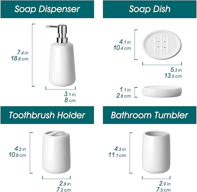 vancasso White Bathroom Accessories Set Ceramic Soap Dispenser and Toothbrush Holder Sets Stoneware 4 Pcs Bathroom Sink Set for Modern Home Decor