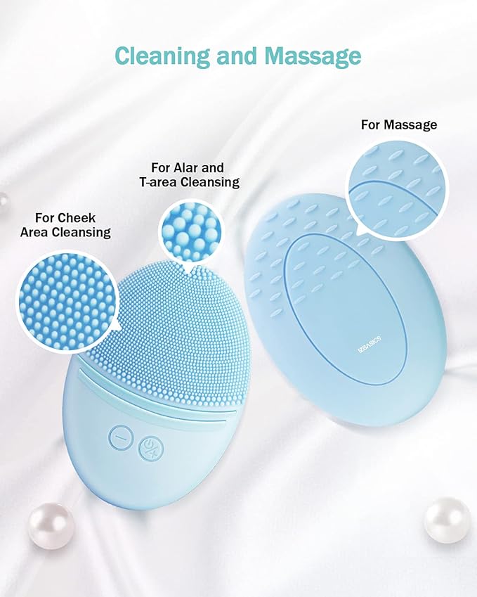 EZBASICS Facial Cleansing Brush Waterproof Sonic Vibrating Face Brush for Deep Cleansing Gentle Exfoliating and Massaging Inductive charging (Blue)