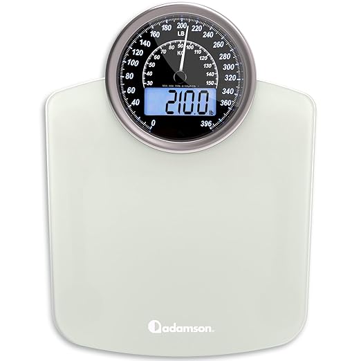 Adamson Hybrid 2-in-1 Analog &amp Digital Weighing Scale for Body Weight up to 400lbs + Thick Tempered Glass + Extra Large Display + Easy to Read Digital Bathroom Scale + New - White
