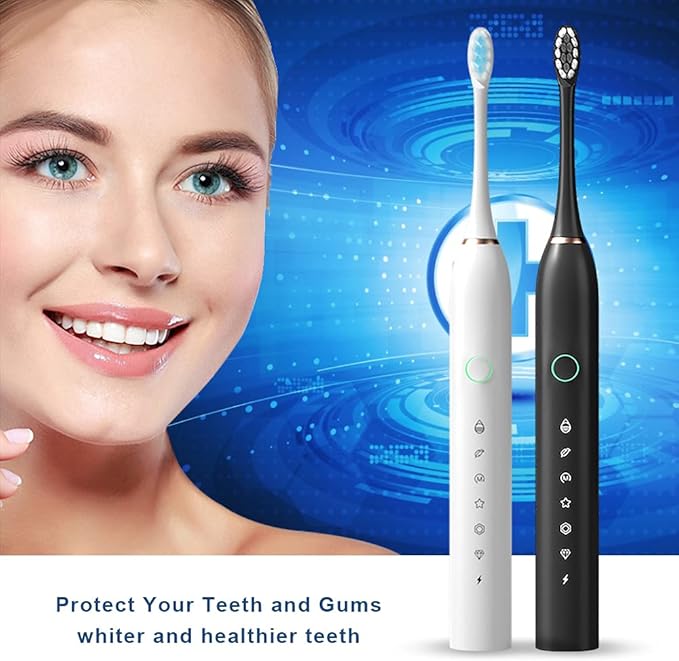 SENWEN 2 Pack Rechargeable Electric Toothbrush with 8 Brush Heads 6 Cleaning Modes Waterproof 2 Minute Timer Black&ampWhite
