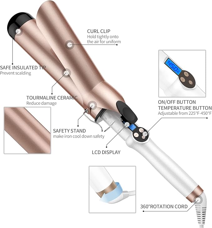 2 Inch Curling Iron Large Barrel Long Barrel Curling Wand Dual Voltage Ceramic Tourmaline Coating with LCD Display Glove Include