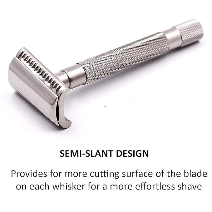 Parker Semi-Slant Safety Razor – Satin Chrome Finish | Smooth Efficient Double Edge Wet Shaver for Men | Slanted Cutting Action + 5 Platinum Blades Included | Iconic Brand