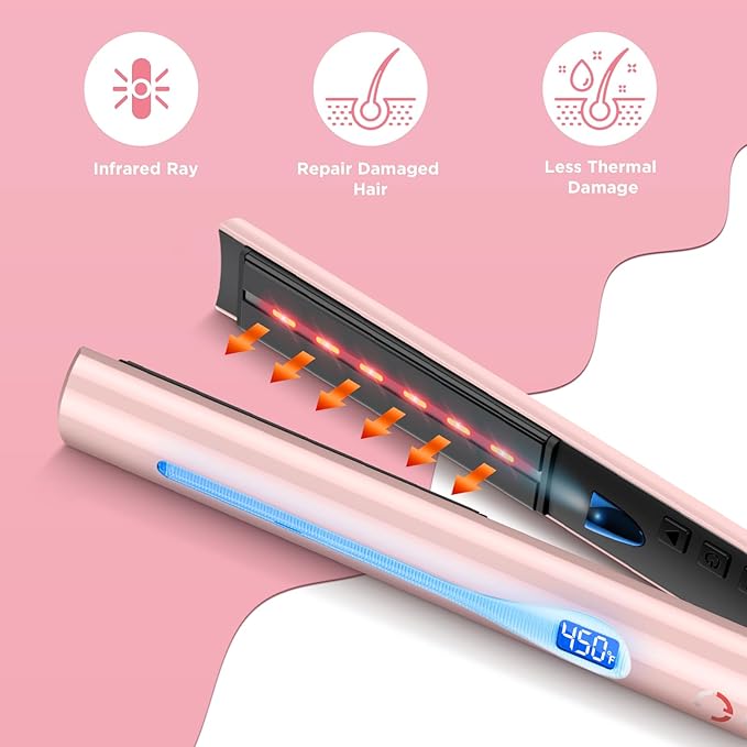 IG INGLAM Titanium Flat Iron Hair Straightener Infrared Curling Iron 1 Inch Negative Ionic Dual Voltage Straightener 11 Adjust Temp 250°F to 450°F Shiny Hair 110-240V Gift Pink