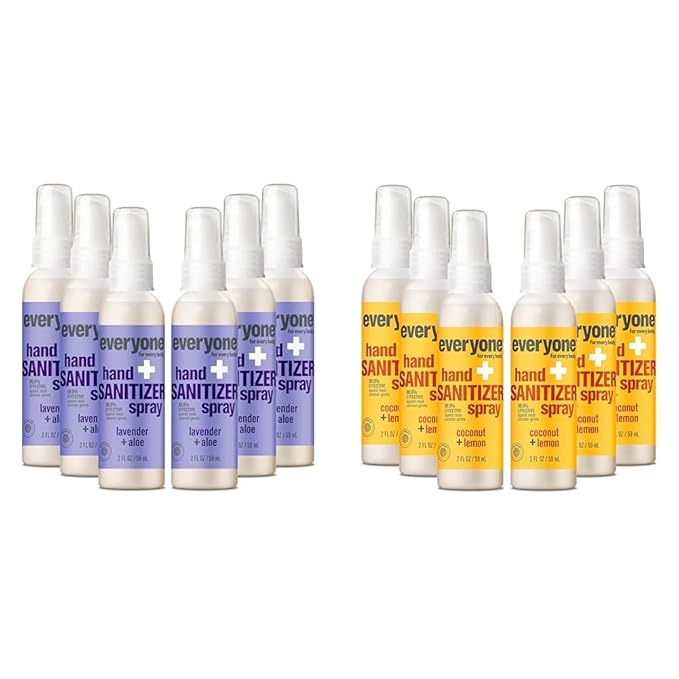 Bundle of Everyone Hand Sanitizer Spray 2 Fl Oz (Pack of 6) Lavender and Aloe + 2 Ounce (Pack of 6) Coconut and Lemon Made with Essential Oils 99% Effective Against Germs and TSA friendly