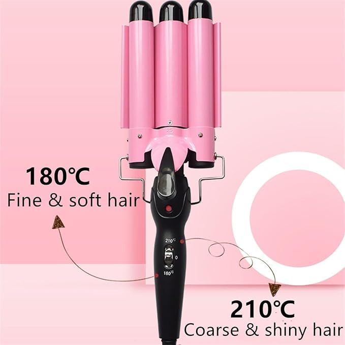 3 Barrels Hair Curler - Ceramic Hair Crimper Fast Heating Long Lasting Curling Crimpers Curling Iron with 2 Temperature Control Big Wave Curling Wand Tongs Best Gift for Women ( Color : Pink  Size
