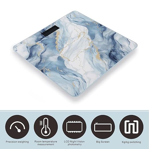 White Blue Marble Digital Bathroom Scale for Body Weight with High Precision Digital Weighing Scale with BMI Clear LCD Display and Step-On Measures Weight Up to 180kg