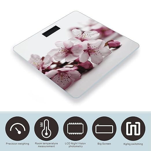 Peach Flower Branch Weight Scale Digital Electronic Scales Bathroom Scale Larg LCD Backlight Display High Precision MeasurementsTempered Glass