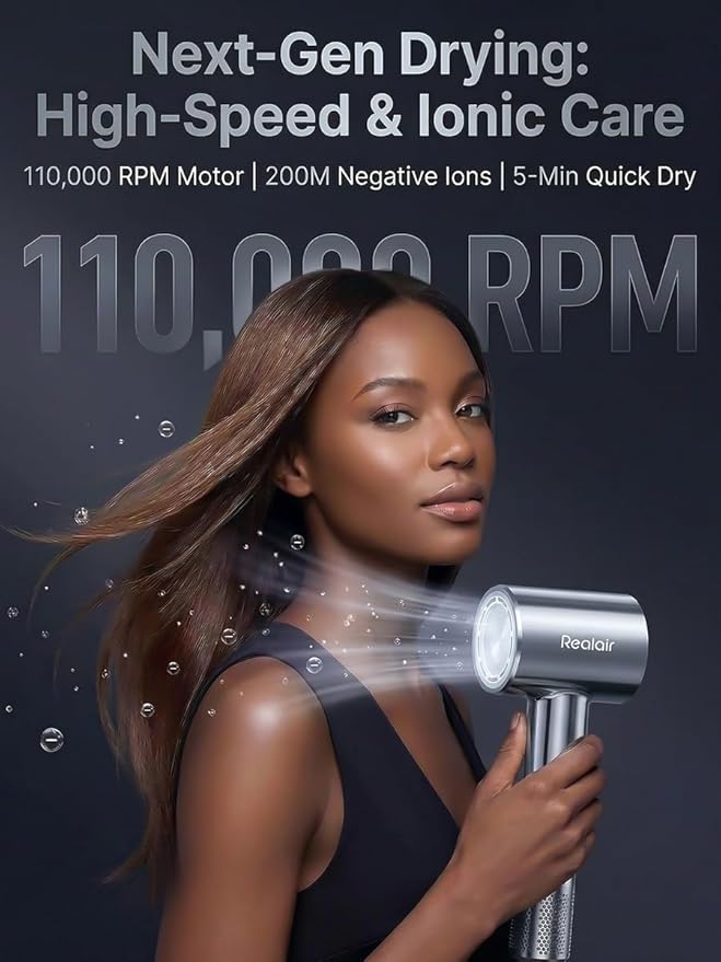 High-Speed Hair Dryer with Diffuser 110000 RPM Professional Brushless Motor for Ultra-Fast Drying 200M Negative Ionic Blow Dryer NTC Intelligent Heat Control Portable &amp Quiet for Travel