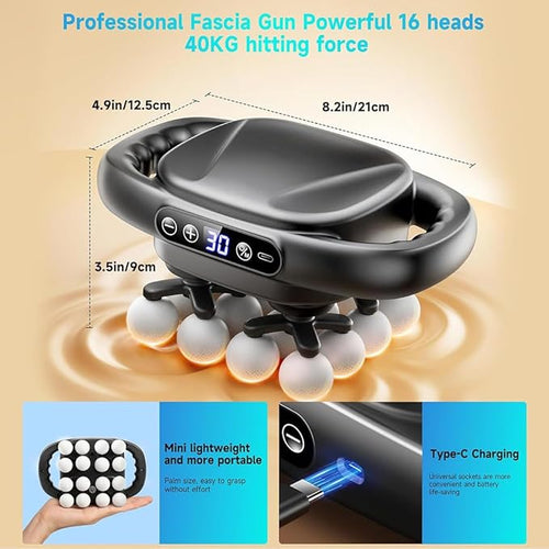 16 Head Massage Gun Deep Tissue - Electric Percussion Massager with Multi Ball Heads Cordless Handheld Muscle Massage Tool for Back Neck Shoulder &amp Body Pain Relief Gift for Athletes &amp Adu