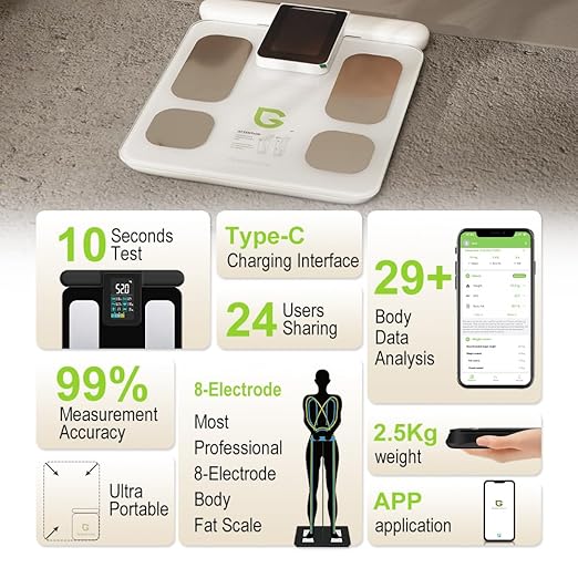 Fitness Body Fat Scales with Hand Sensors 8 Electrodes 29 Body Analysis 180kg Weight Scale Professional Body Fat and Muscle Mass Analyzer with App/Large Display (White)